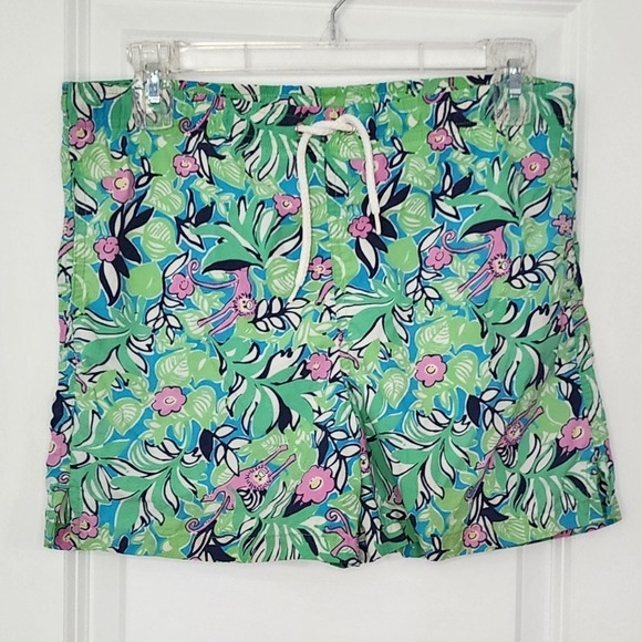 Lilly Pulitzer Kids Swim Trunks Green Pink Monkey Print Swimsuit Shorts L - Picture 1 of 5